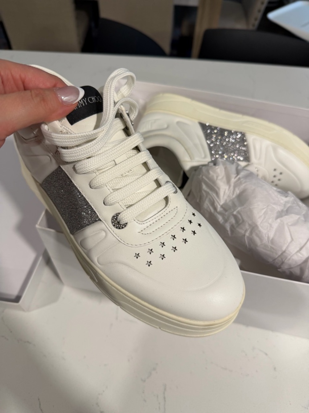 Jimmy Choo White Leather Sneakers with Silver Glitter Panel